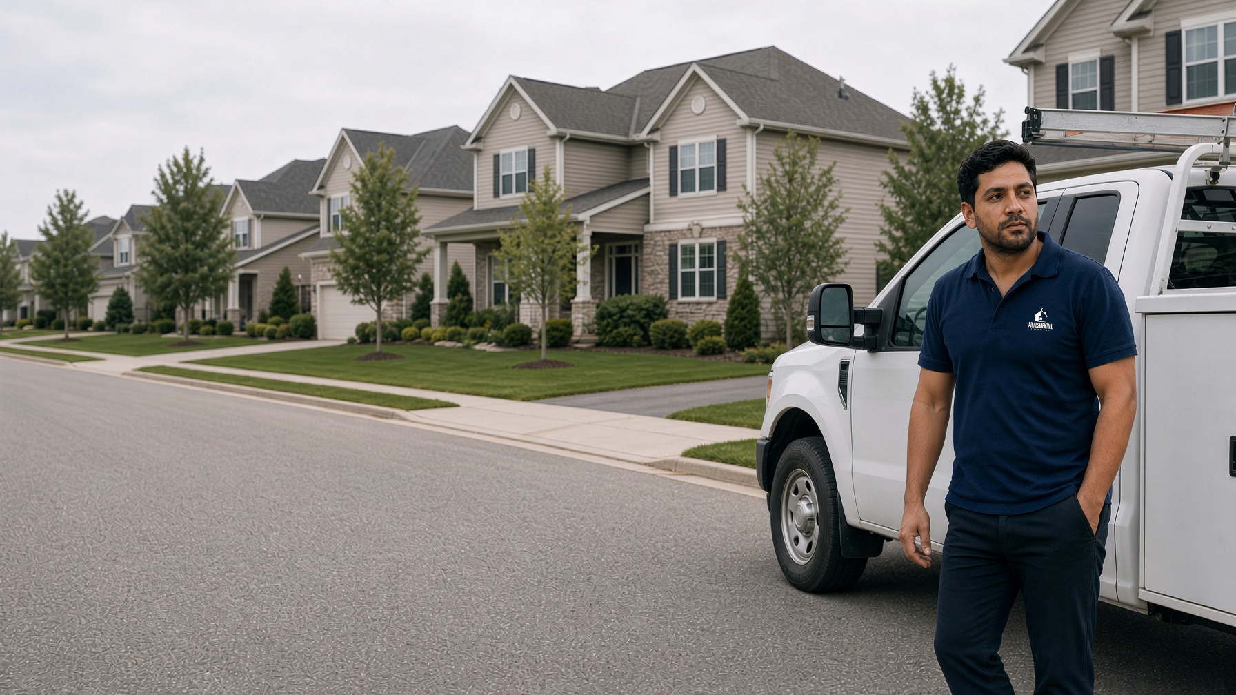 Crew member with work truck